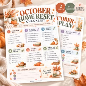 May include: A two-page October Home Reset checklist printed on white paper. The document features autumn-themed illustrations including pumpkins, fall leaves, and candles. It includes numbered sections for home tasks, a priority list, and a note section.