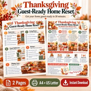 Thanksgiving Guest Ready Home Reset Printable, 30 Minute Last Minute Cleaning Checklist, Holiday Hosting Prep, A4 US Letter PDF