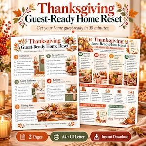 Thanksgiving Guest Ready Home Reset Printable, 30 Minute Last Minute Cleaning Checklist, Holiday Hosting Prep, A4 US Letter PDF