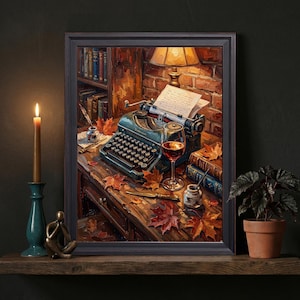 May include: A framed wall art print depicting a teal vintage typewriter on a wooden desk, accompanied by a glass of red wine, an inkwell with a quill, stacked books, and scattered autumn leaves, all illuminated by a warm desk lamp.