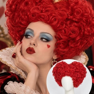 May include: A vibrant red wig styled in a voluminous, heart-shaped coiffure with tight curls. The wig is displayed on a white mannequin head in a circular inset, showing the full shape and texture of the bright red synthetic hair fibers.