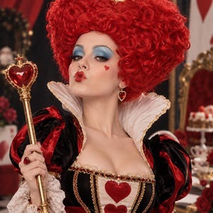 May include: A costume featuring a red heart-shaped wig, a gold crown with a red heart, and a dress with black and red velvet panels, white lace cuffs, and a high white collar. A gold scepter with a red heart, heart earrings, and a heart ring.