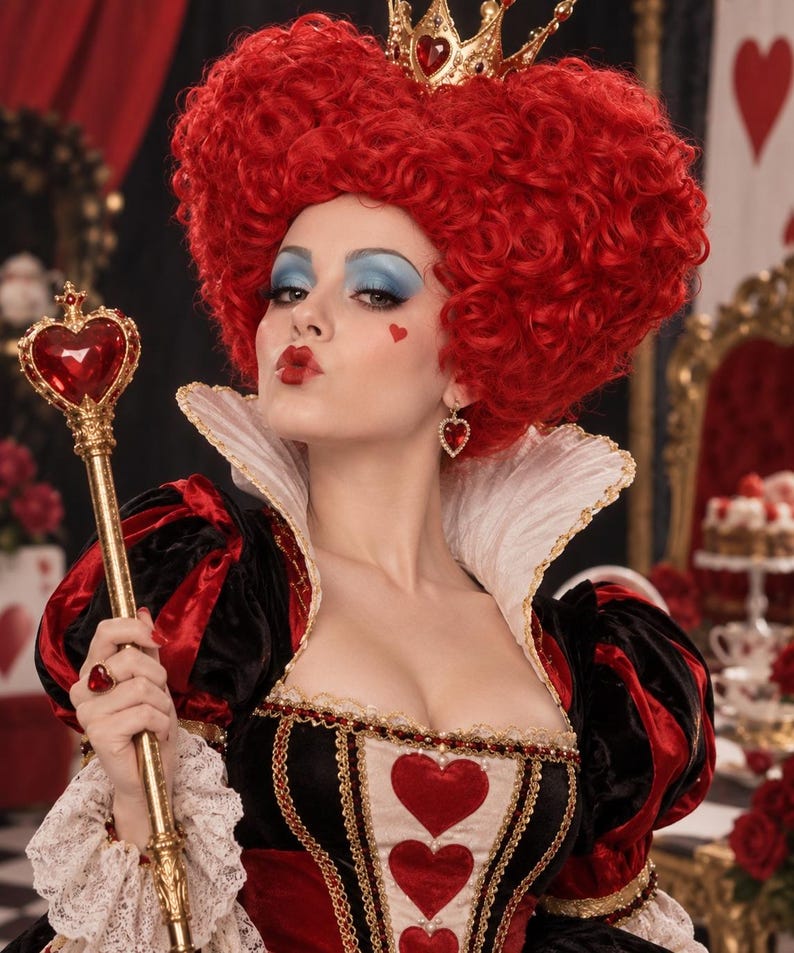 May include: A costume featuring a red heart-shaped wig, a gold crown with a red heart, and a dress with black and red velvet panels, white lace cuffs, and a high white collar. A gold scepter with a red heart, heart earrings, and a heart ring.