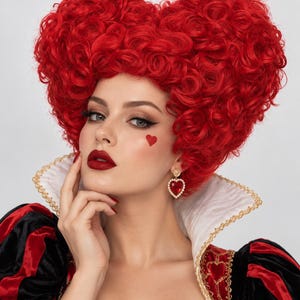 May include: A vibrant red wig styled in a voluminous heart-shaped coiffure with tight curls. The wig is paired with heart-shaped drop earrings featuring a red center and a pearl-like border, and a costume with a high white collar and gold trim.