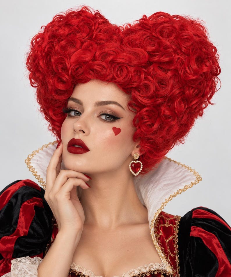 May include: A vibrant red wig styled in a voluminous heart-shaped coiffure with tight curls. The wig is paired with heart-shaped drop earrings featuring a red center and a pearl-like border, and a costume with a high white collar and gold trim.