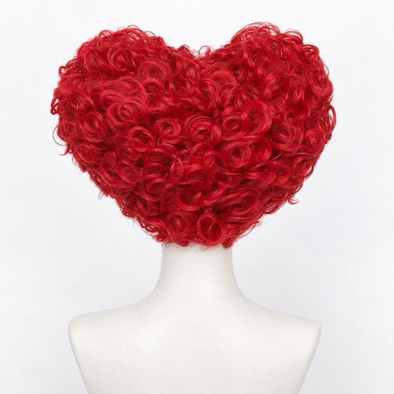 May include: A vibrant red wig styled into a heart shape, featuring dense, tight curls that form a voluminous, rounded silhouette. The hair is a consistent, bright crimson shade throughout, displayed on a plain white mannequin bust.