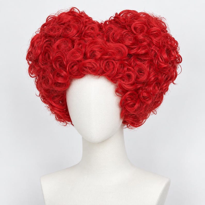 May include: A vibrant red wig styled with tight, voluminous curls arranged in a distinct heart shape. The wig is displayed on a plain white mannequin head, showcasing the intense crimson color and the dense, textured pattern of the hair fibers.