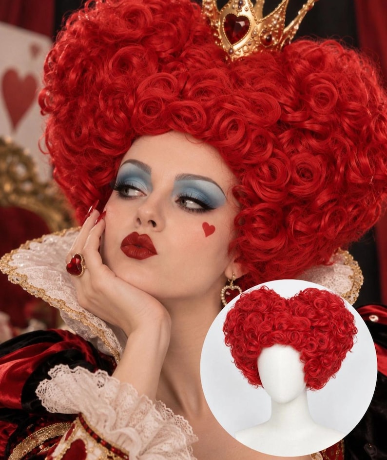 May include: A vibrant red wig styled in a voluminous, heart-shaped coiffure with tight curls. The wig is displayed on a white mannequin head in a circular inset, showing the full shape and texture of the bright red synthetic hair fibers.