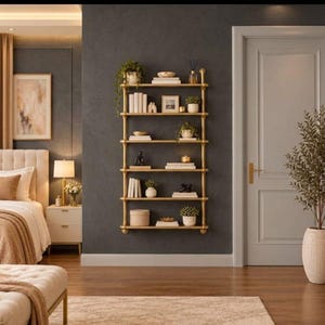 Modern Gold Industrial Pipe Wall Shelf / Floating Bookcase & Display Unit.