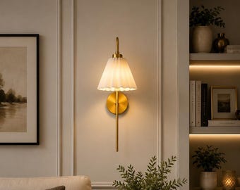 Brass Double Wall Sconce, Pleated Fabric Shade, Mid-Century Vanity Light