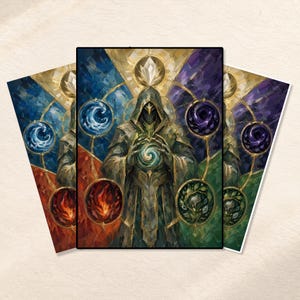 Pode incluir: Uma impressão artística retangular apresentando uma figura central encapuzada com vestes escuras segurando um orbe brilhante. A figura é cercada por quatro ícones elementares circulares representando água, fogo, terra e vazio.