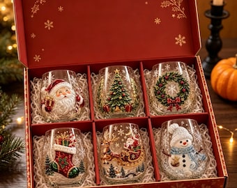 Christmas Stemless Wine Glass Set of 6, 3D Embossed Holiday Glassware Gift Box, Santa Snowman Reindeer Christmas Tree Stocking Wreath