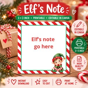 May include: A square printable note card featuring a red and white diagonal striped border and a green inner frame. The centre contains the text 'Elf's note go here' and a small illustration of an elf in the bottom right corner. Measures 7.62x7.62 cm.