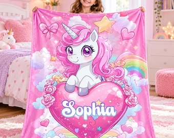 Personalized Unicorn Blanket for Girls, Custom Name Pink Flannel or Sherpa Blanket, Rainbow Heart Kids Gift, Birthday Nursery Decor