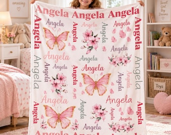 Personalized Butterfly Name Blanket, Custom Girls Blanket, Pink Floral Soft Throw, Baby Girl Toddler Birthday Gift, Flannel or Sherpa
