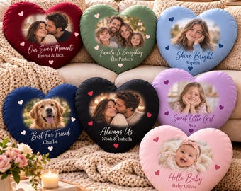 Personalized Heart Pillow with Photo Text, Custom Picture Pillow, Double Sided Flannel Cushion, Couple Family Pet Gift, Custom Heart Pillow