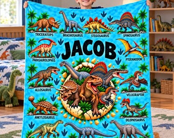 Personalized Dinosaur Blanket for Boys, Custom Name Dino Throw, Dinosaur Birthday Gift for Kids, T Rex Blanket, Boys Room Decor