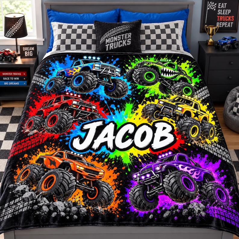 May include: A black plush blanket featuring a vibrant, multi-colored monster truck theme with splashes of neon paint. The design includes five distinct monster trucks in blue, green, red, yellow, and purple, with the name JACOB in white text.