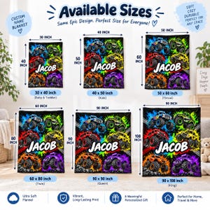 May include: A collection of six rectangular blankets featuring a monster truck graphic and the name Jacob in white text. The blankets are displayed in sizes 30x40, 40x50, 50x60, 60x80, 90x90, and 90x108 inches, with colorful splatters and tire tracks.