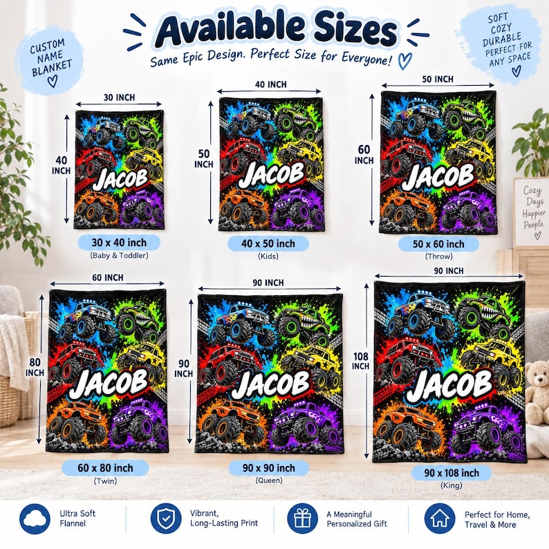 May include: A collection of six rectangular blankets featuring a monster truck graphic and the name Jacob in white text. The blankets are displayed in sizes 30x40, 40x50, 50x60, 60x80, 90x90, and 90x108 inches, with colorful splatters and tire tracks.