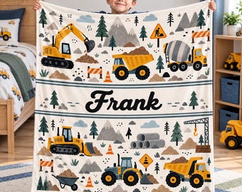Personalized Construction Truck Blanket, Custom Name Blanket for Boys, Excavator Dump Truck Fleece Blanket, Toddler Birthday Gift