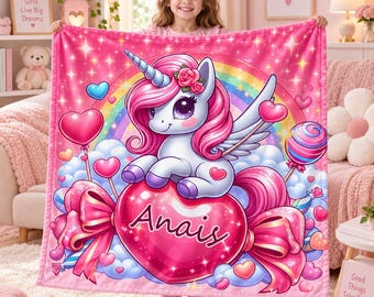 Personalized Unicorn Name Blanket, Custom Girls Blanket, Pink Rainbow Soft Throw, Toddler Birthday Gift, Flannel or Sherpa Blanket