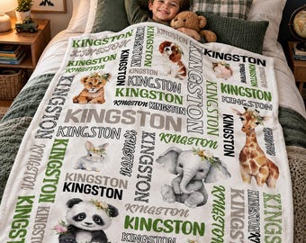 Personalized Animal Name Blanket, Custom Kids Blanket, Cute Safari Animals Soft Throw, Baby Boy Toddler Birthday Gift