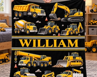Personalized Construction Truck Blanket, Custom Name Blanket, Excavator Dump Truck Gift, Construction Vehicle Throw, Birthday Gift for Boys