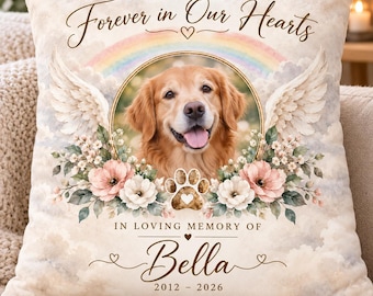 Personalized Pet Memorial Pillow Cover, Custom Dog Photo Pillowcase, Pet Loss Sympathy Gift, Rainbow Bridge Remembrance Cushion Cover