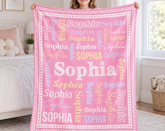 Personalized Name Blanket for Girls, Custom Typography Pink Flannel or Sherpa Blanket, Birthday Gift, Kids Bedroom Nursery Decor
