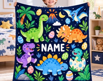 Personalized Dinosaur Blanket for Boys, Custom Name Flannel Throw, Cute Dino Kids Blanket, Birthday Gift for Toddler Boy
