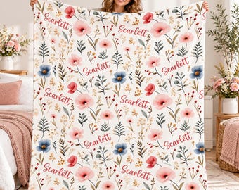 Personalized Floral Blanket with Name, Custom Wildflower Throw Blanket, Pink Botanical Fleece Blanket, Birthday Gift for Her