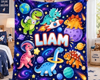 Personalized Dinosaur Space Blanket for Kids, Custom Name Flannel or Sherpa Blanket, Galaxy Dino Birthday Gift, Nursery Decor