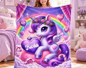 Personalized Unicorn Blanket for Girls, Custom Name Throw Blanket, Purple Rainbow Bedroom Decor, Birthday Christmas Gift for Daughter