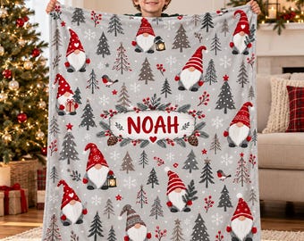 Personalized Christmas Blanket, Custom Name Gnome Throw, Christmas Gift for Kids, Cozy Holiday Fleece Blanket, Xmas Gift for Family