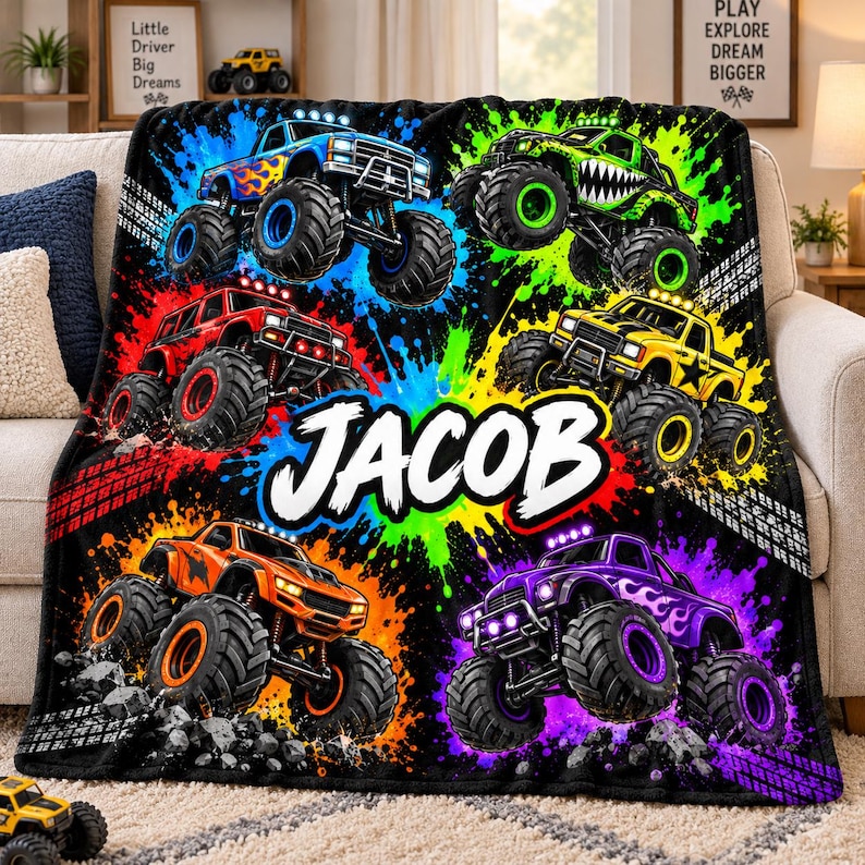 May include: A black fleece blanket featuring five colorful monster trucks in blue, green, red, yellow, orange, and purple, surrounded by vibrant paint splatters and tire tracks. The name JACOB is printed in large white letters in the center.