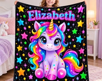 Personalized Unicorn Blanket for Girls, Custom Name Rainbow Flannel Throw, Cute Kids Birthday Gift, Unicorn Nursery Bedroom Decor
