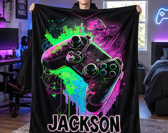 Personalized Gamer Blanket for Kids, Custom Name Gaming Controller Blanket, Flannel or Sherpa Birthday Gift for Boys