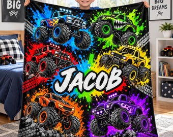 Personalized Monster Truck Blanket, Custom Name Flannel Throw for Boys, Colorful Truck Blanket, Birthday Gift, Kids Bedroom Decor