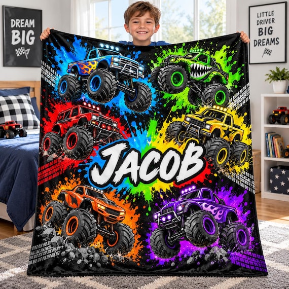 Personalized Monster Truck Blanket, Custom Name Flannel Throw for Boys, Colorful Truck Blanket, Birthday Gift, Kids Bedroom Decor