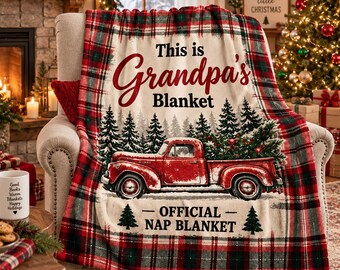 Personalized Grandpa Christmas Blanket, Custom Name Plaid Holiday Throw, Vintage Red Truck Blanket, Gift for Papa Grandpa Dad