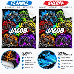 May include: A personalized blanket featuring the name JACOB in white text, surrounded by colorful monster truck graphics on a black background with paint splatters. The design includes flannel and sherpa options with detailed hem and surface views.