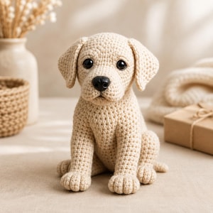 May include: A beige crochet dog figurine featuring a textured yarn construction, floppy ears, and a smooth black plastic nose. The puppy is depicted in a seated position with large, dark, round eyes, showcasing detailed stitching throughout its body.