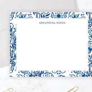 Blue and White Floral Stationery Set | Personalized Women's Stationary Set | Flat Note Card | Blue White China Pattern Thank You Card 98