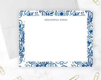 Blue and White Floral Stationery Set | Personalized Women's Stationary Set | Flat Note Card | Blue White China Pattern Thank You Card 98
