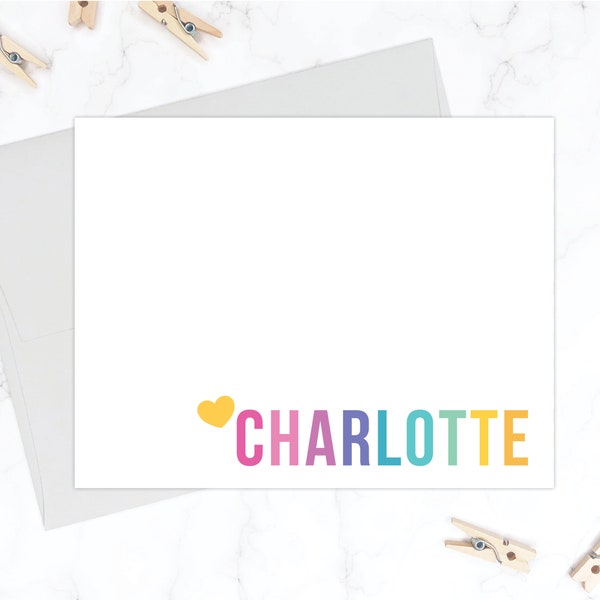 Bright and Colorful Kids Stationery Set | Kids Stationary Set for Girls | Rainbow Personalized Flat Note Cards | Thank You Cards Notes 191