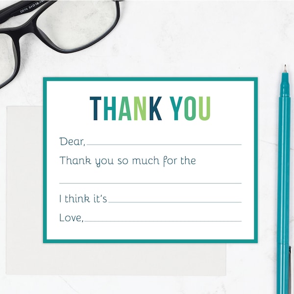 Kids Fill In the Blank Thank You Cards | Girls Birthday Fill In Thank You Notes | Kids Thank You Cards | Pre-Filled Boy Thank You Stationery