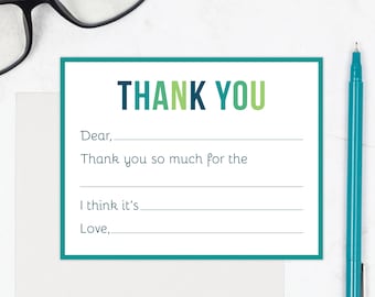 Kids Fill In the Blank Thank You Cards | Girls Birthday Fill In Thank You Notes | Kids Thank You Cards | Pre-Filled Boy Thank You Stationery