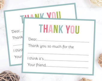 Kids Fill In the Blank Thank You Cards | Girls Birthday Fill In Thank You Notes | Kids Thank You Cards | Pre-Filled Boy Thank You Stationery