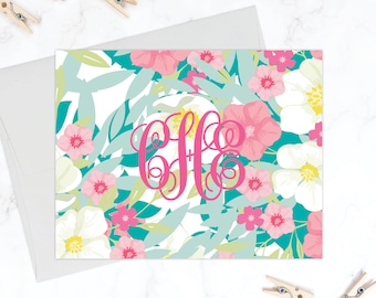 Floral Monogrammed Stationery Set | Circle Monogram Stationary for Kid | Girl Folding Note Cards | Girl Stationary Personalize Thank You 167